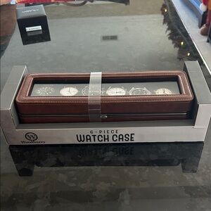 NEW Woodburry Men’s Six Slot 6 Piece Brown Faux Leather Watch Case Holder Box